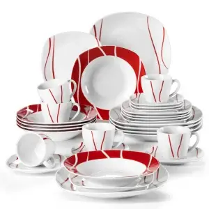 30 Piece Red Stripes Ivory White Porcelain Dinner Set